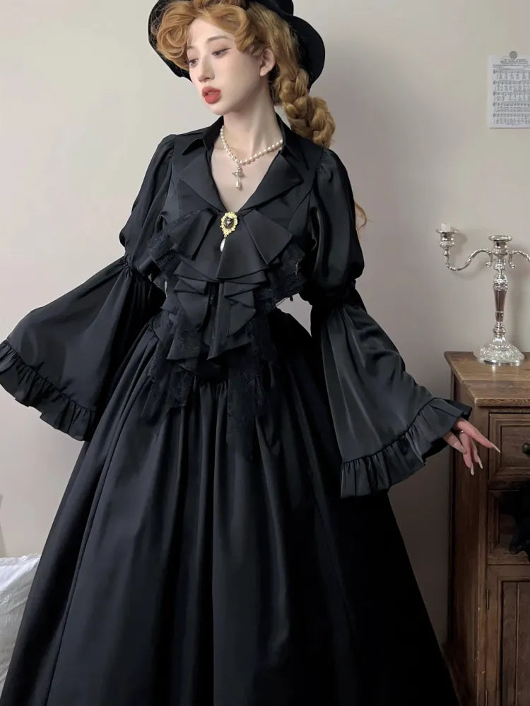 Schwarz / Dunkelblaues Aristocrat Gothic Hemd mit langen Glockenärmeln