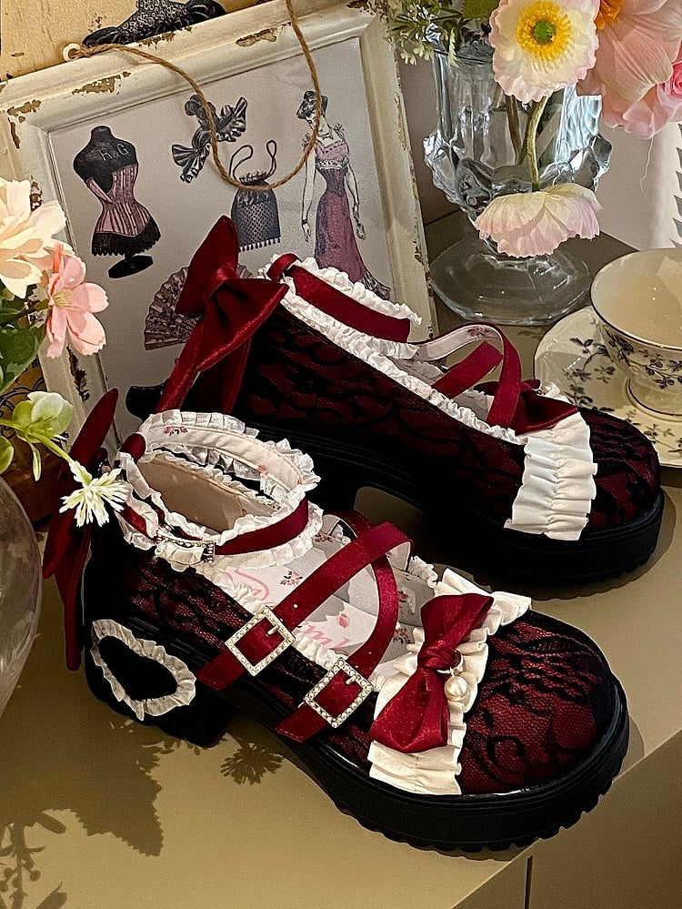 Rhinestone-Embellished Buckle with Ruffles Trim & Heart Applique Heel Wine Red Platform Mid-heel Mary Janes  in Elegant Lolita