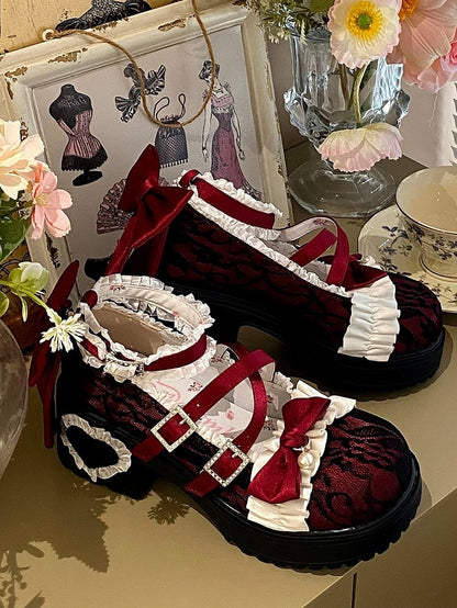 Rhinestone-Embellished Buckle with Ruffles Trim & Heart Applique Heel Wine Red Platform Mid-heel Mary Janes  in Elegant Lolita