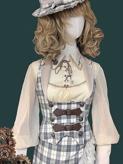 Button with Plaid Blue Details White Waistcoat Steampunk Lolita