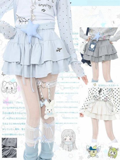 Blue Tiered Ruffle Skirt with Embroidery - Languid Park