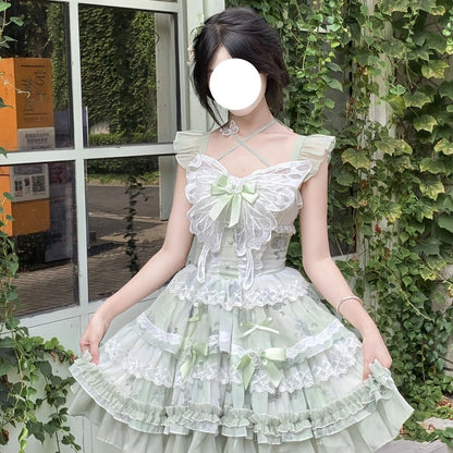 Lolita White Green Butterfly JSK Short Dress – Fairy Princess Birthday Gown