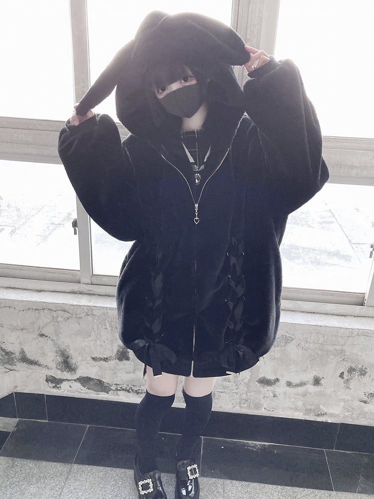 Style Lace-Up Plush Kei Hood Coat Coat: Front Bow Jirai Black with Full-Zip Bunny-Ear