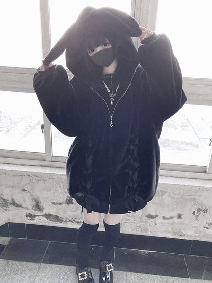 Style Lace-Up Plush Kei Hood Coat Coat: Front Bow Jirai Black with Full-Zip Bunny-Ear