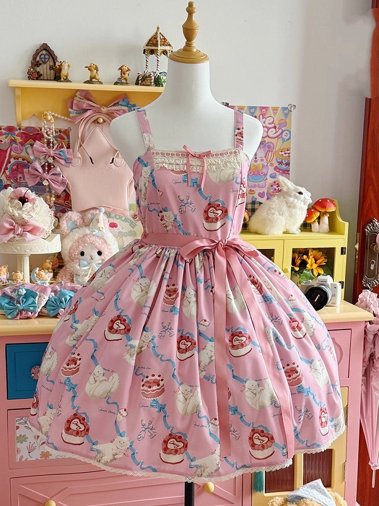 Flauschiger Showa-Pullover, rosa Kätzchen, süßes Lolita-Print, süßes Rockkleid