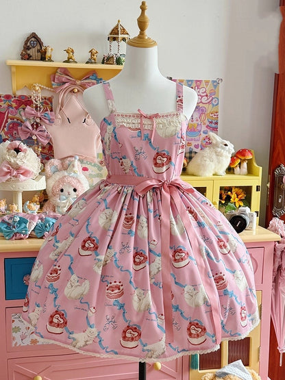 Flauschiger Showa-Pullover, rosa Kätzchen, süßes Lolita-Print, süßes Rockkleid