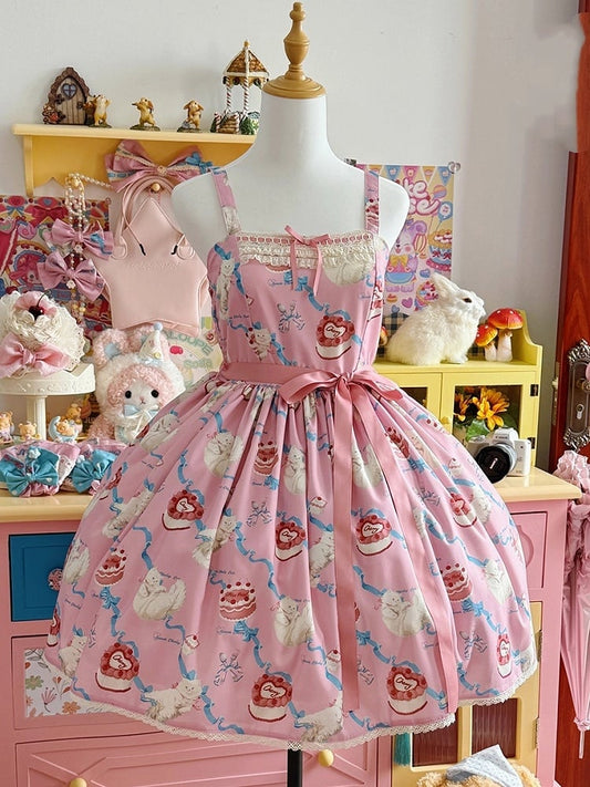 Flauschiger Showa-Pullover, rosa Kätzchen, süßes Lolita-Print, süßes Rockkleid