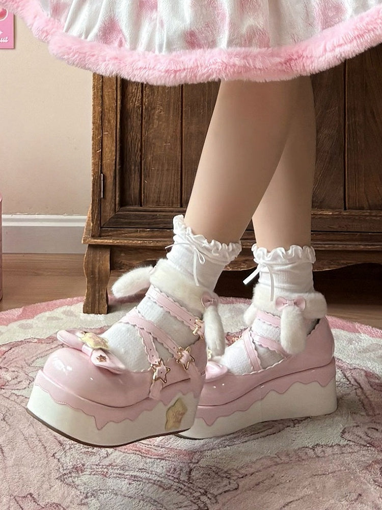 Strap with Pink Lolita - PU Detachable Sweet Puppy Mary Plush Ear Platform Janes Velcro Starry Ankle Theme