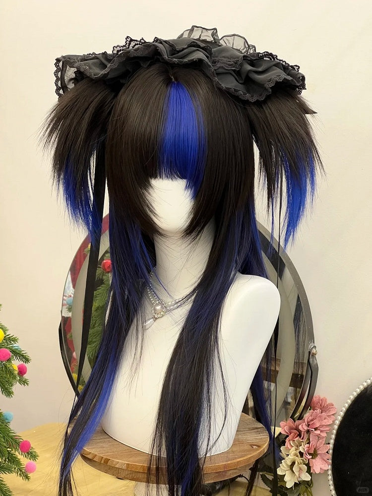 Highlights Ponytails Claw-Clip and Detachable Blue Black Wig with Synthetic