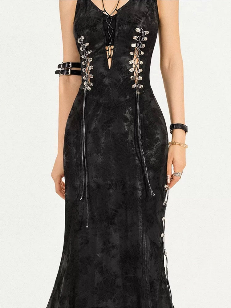 Black V-Neck Sleeveless Lace-Up Gothic Dress