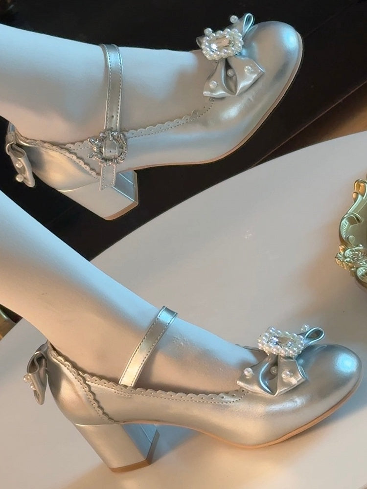 シューズメアリーラウンドトゥディテールロリータジェーンビーズシルバーと蝶結び装飾ラインストーン