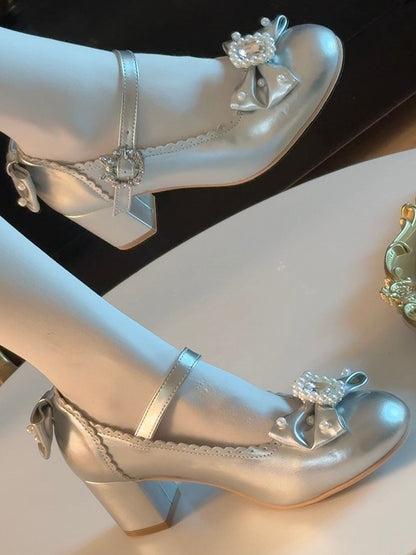 シューズメアリーラウンドトゥディテールロリータジェーンビーズシルバーと蝶結び装飾ラインストーン