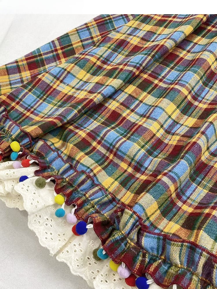 レインボーチェック柄ポンポン裾ミディ丈ヴィンテージスカート