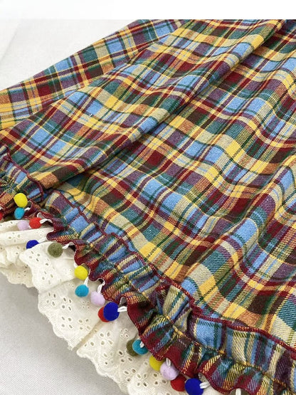 レインボーチェック柄ポンポン裾ミディ丈ヴィンテージスカート