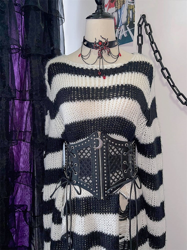 Korsettgürtel mit Schnürdetail und Halbmond-Reißverschluss, schwarz, Punk-Taille