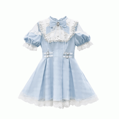 Blue Plaid and Neckline Lace-up with Cutout Kei Light Dress Jirai Shoulder