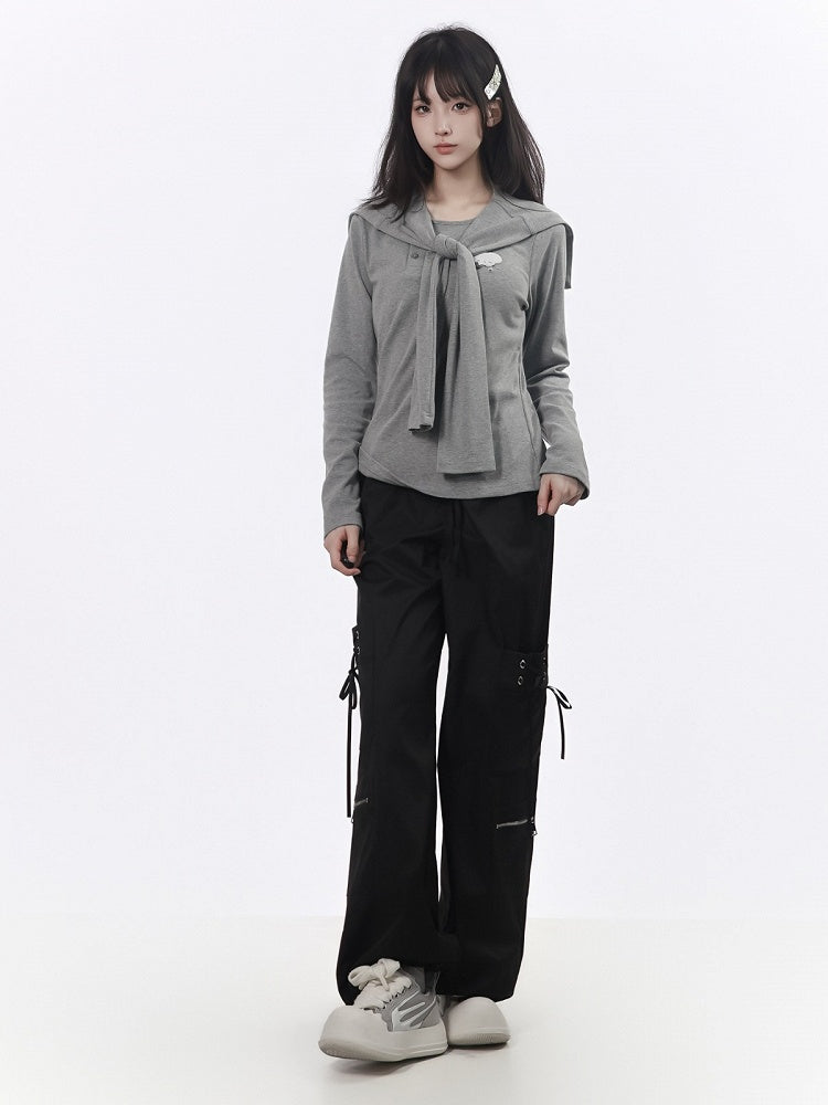 Black Techwear Wide-Leg Cargo Pants with Multi Pockets - PINK SAVIOR