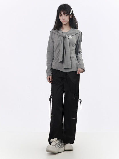 Black Techwear Wide-Leg Cargo Pants with Multi Pockets - PINK SAVIOR