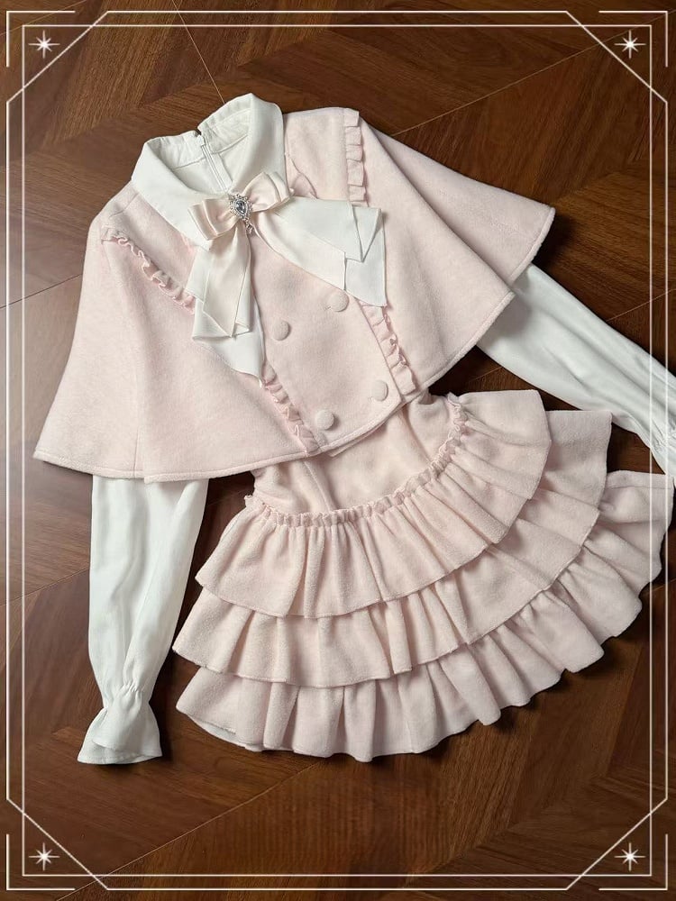 Style Two-Piece Pink Cape Ruffled Bow Jirai + Kei Design Pure Fake Dress