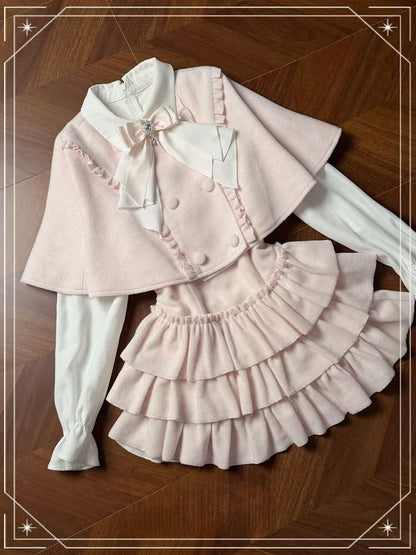 Style Two-Piece Pink Cape Ruffled Bow Jirai + Kei Design Pure Fake Dress
