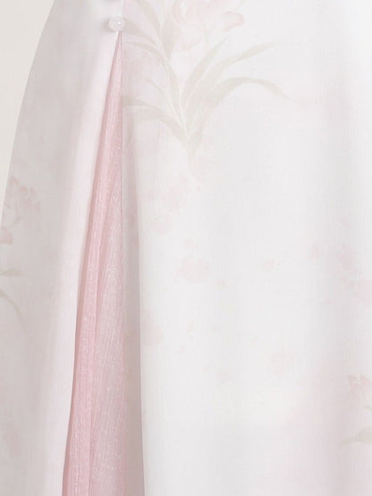 Light Pink Hanfu-Inspired Floral Print Skirt with Self-Tie Waist Design - Unknown Star