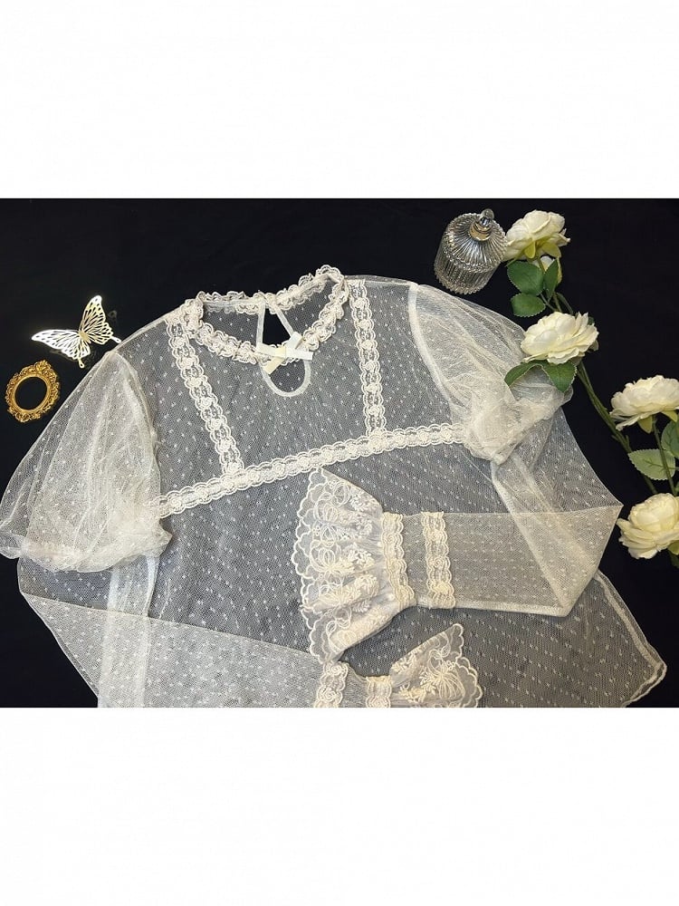 Cream Sheer Polka-Dot Tulle Long-Sleeve Lolita Blouse