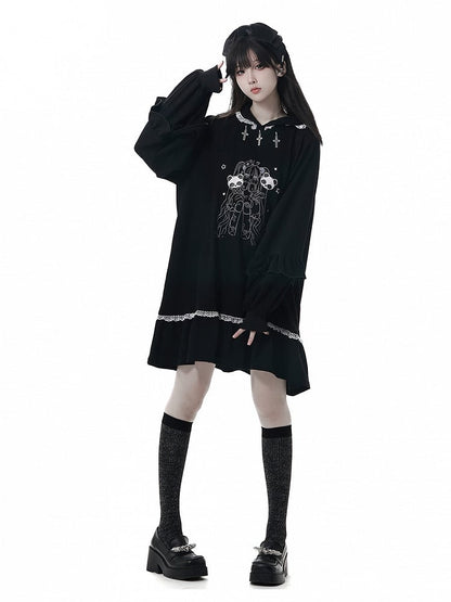 Cross Black Sweet-Grunge and Decoration Doll Metal with Dark Hoodie Dress Aesthetic Lace