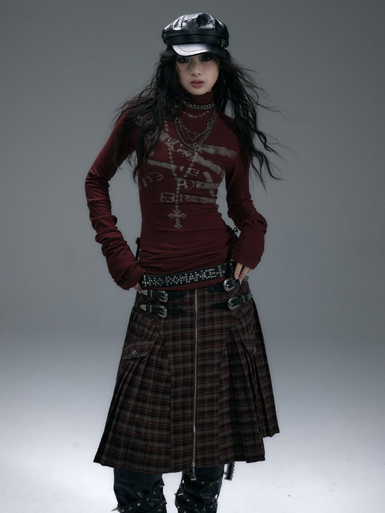 Khaki/Dunkelrotes Wendbares Top mit hohem Kragen