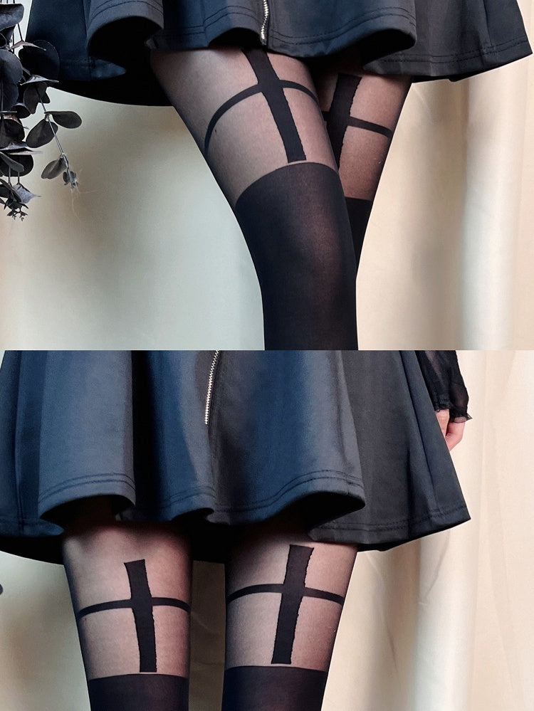 Inspired Punk Gothic Black Cross Semi-sheer Design Tights with