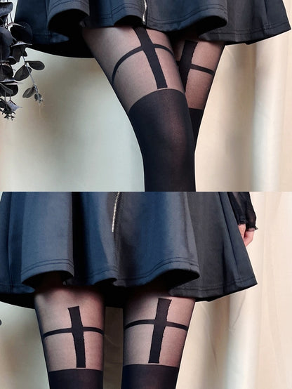 Inspired Punk Gothic Black Cross Semi-sheer Design Tights with
