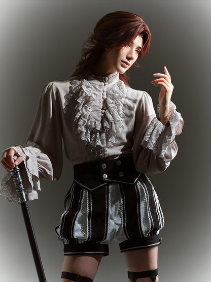 Gray Lace Ruffle Jabot Stand Collar Long Sleeve Blouse - Castle Too
