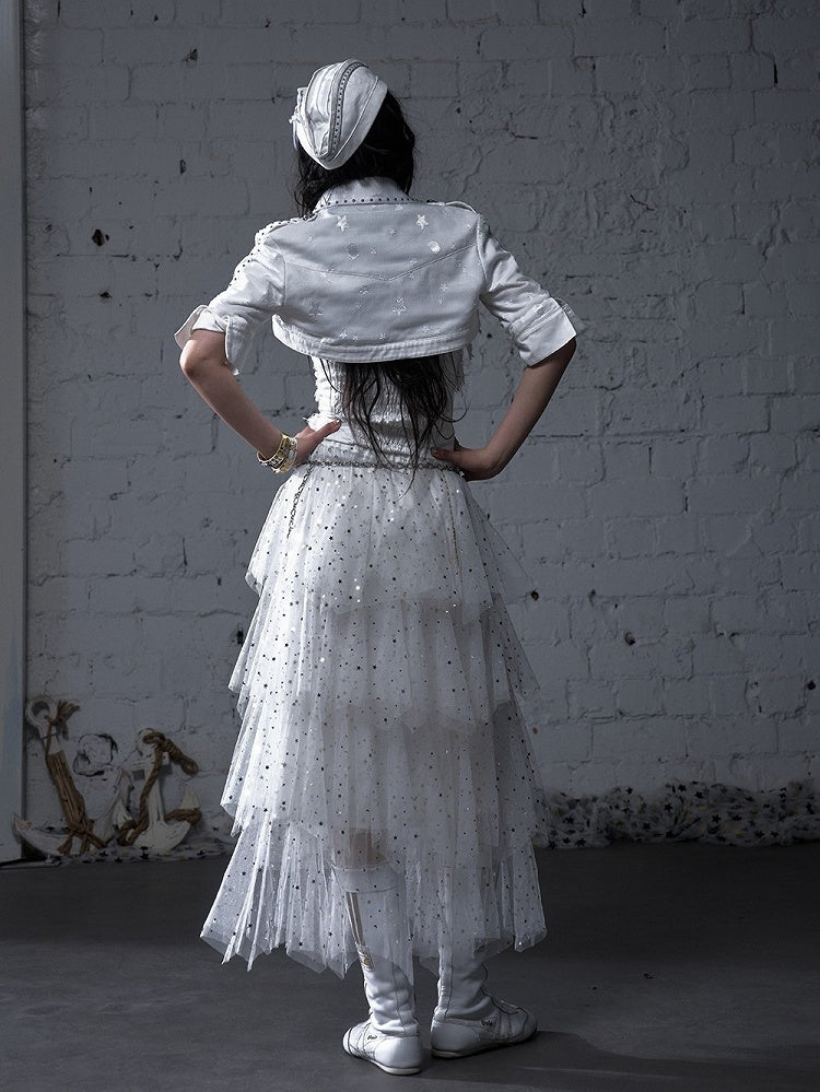 Metal White and Buttons Studs with Open Placket Navycore Top Pointed Flat Collar 