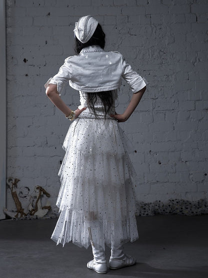 Metal White and Buttons Studs with Open Placket Navycore Top Pointed Flat Collar 