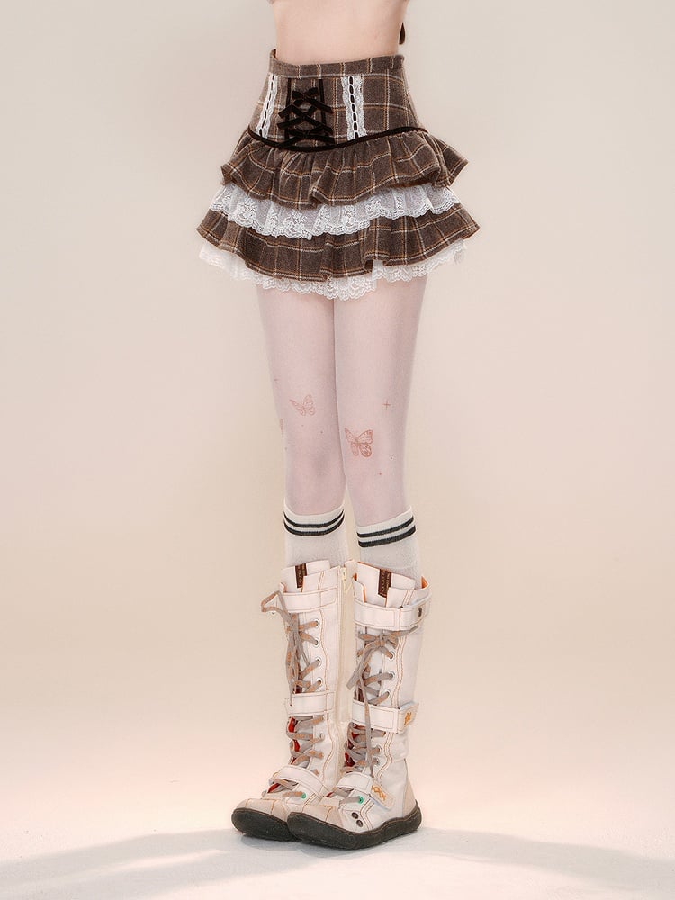 ティアードスカート リボンアクセント ブラウン チェック柄