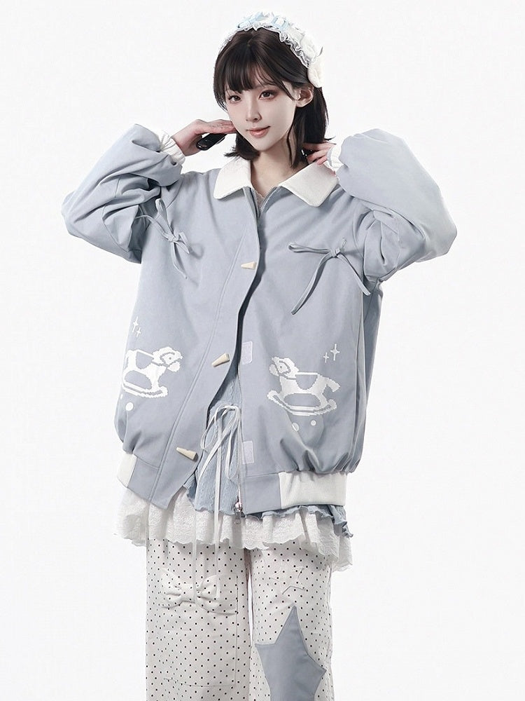 Light Blue Scalloped Placket Jacket with Rocking Horse Print & Toggle Buttons for Fall Winter - PINK SAVIOR