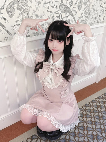 Ryousangata Pink Lace Long Sleeve Dress & Shorts Bow Set - Ekomi