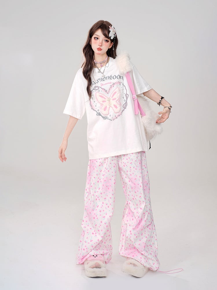 White Oversized Plush Large with Tee print Lettering Butterfly Embroidery