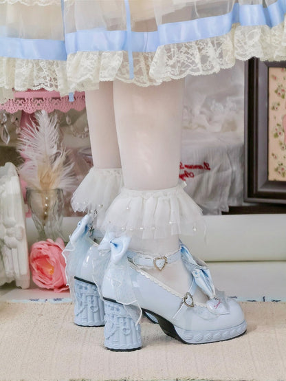 7.5CM Blue Kawaii Heart & Bowknot Decor Heels Lolita Shoes with Strawberry Print - Cute Bunny