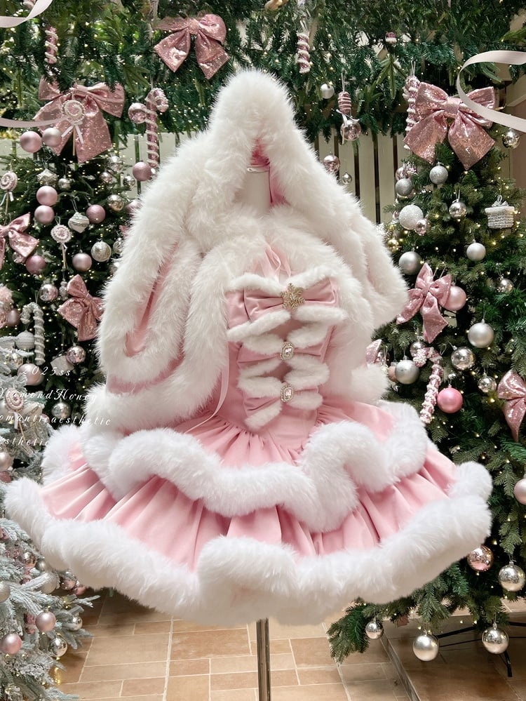 Pink Winter Snowflake Bows Accents Strapless Dress with White Plush Trimming