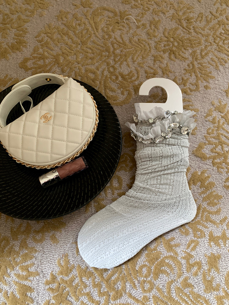 Decorated Socks Over-the-Knee Rhinestones Milky in Sparkling