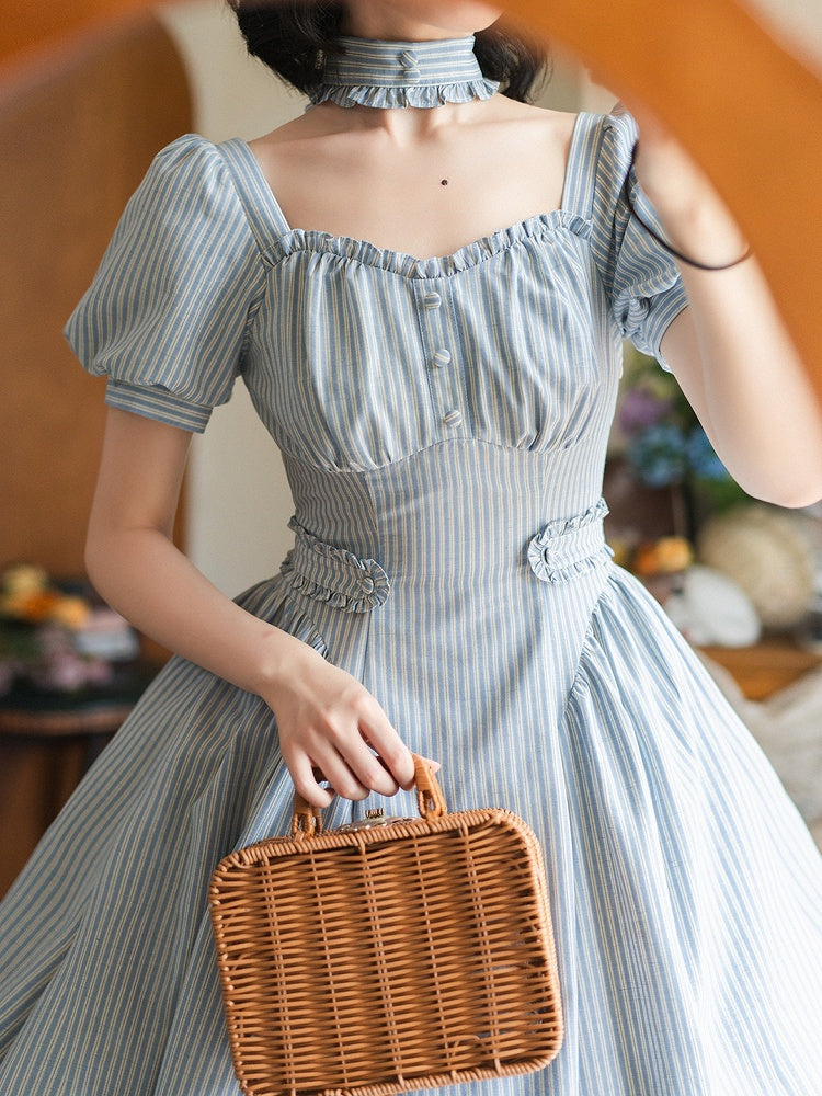 Square Sleeves Fabric Blue Dress Puff Neckline Striped Vintage Fashion Retro