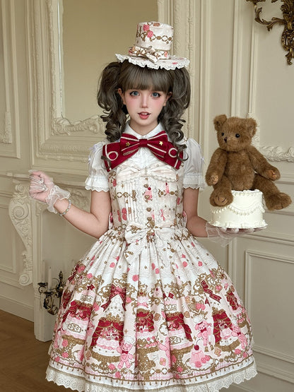 Bear Sweet Trim JSK Details Bow Dress Lace Cake Print Lolita Beige with and