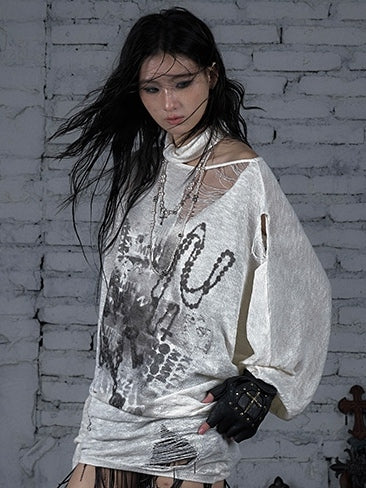 Distressed Beige/Khaki Top Ausschnitt Punk Asymmetrisch Sonnenschutz Ödland Löcher