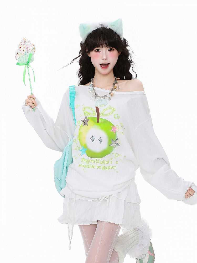 Green/White Breathable Long-Sleeve Top with Green Apple Print
