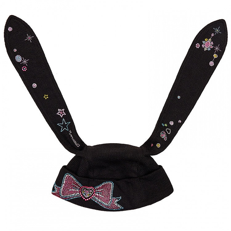 Black Hat Bunny Ear Y2K Design Rhinestone Bow