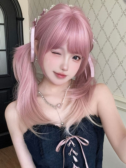 With Hair Pink Bangs Wig 68CM Length Ombre Air Straight Color