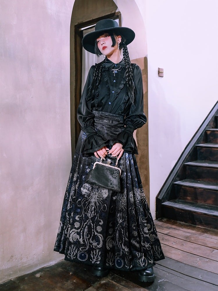 Luxury Silver Thread Brocade Mamian Skirt Featuring Blue Tears Jellyfish Marine Motif - Quirky Hut
