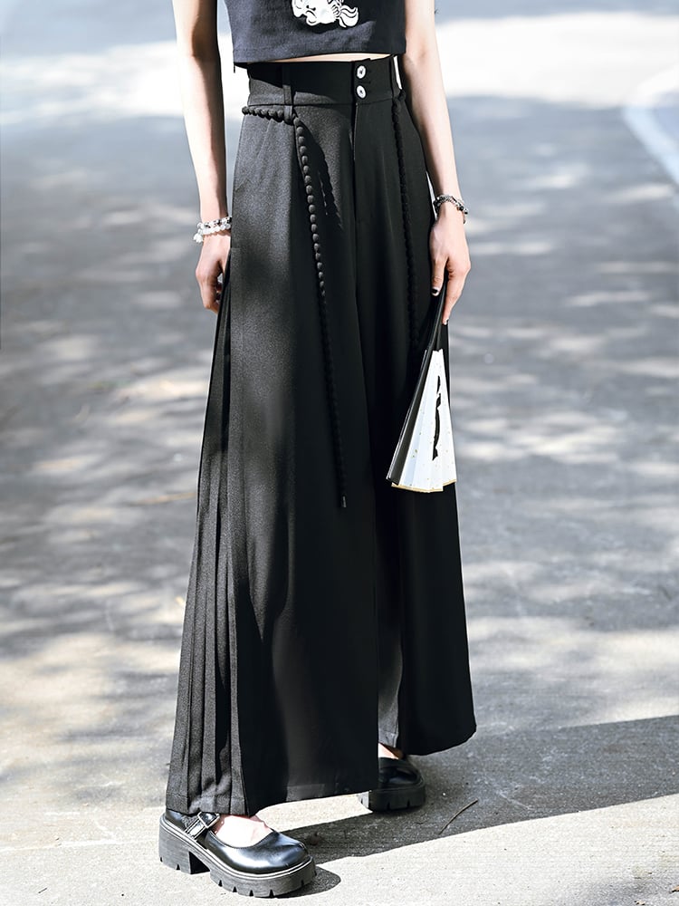 Black Version Wide-Leg Regular/Short Panel Pants Side with Cheongsam Cord Waist Pleated