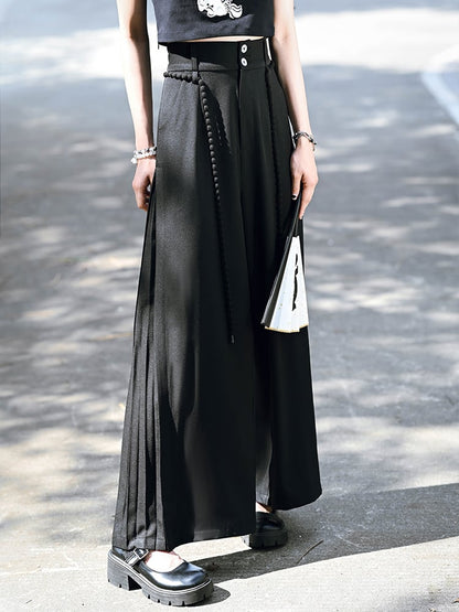 Black Version Wide-Leg Regular/Short Panel Pants Side with Cheongsam Cord Waist Pleated