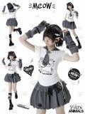 Side Armwear Free Ears with T-shirt Kitty Design Sailor Collar White Drawstring